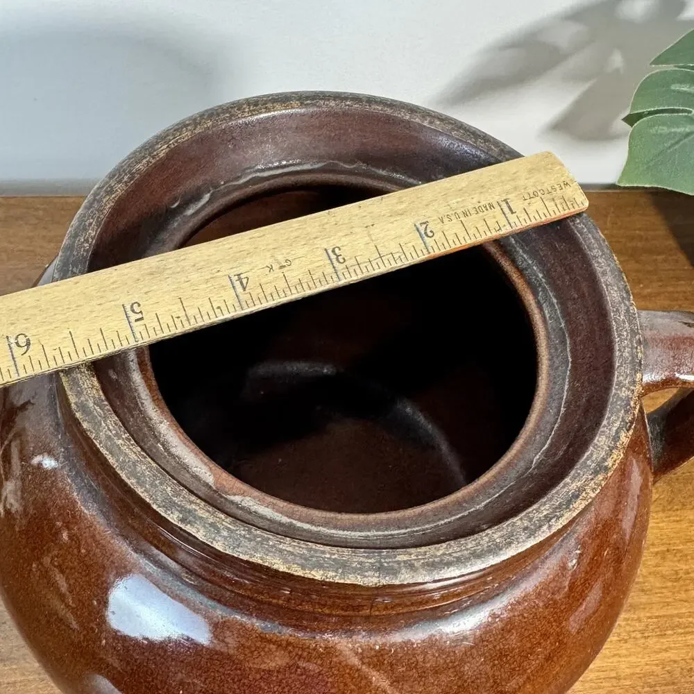 Vintage Bristol Pottery 3 Qt Brown Stoneware Bean Pot Crock w/ Lid Crown Mark
